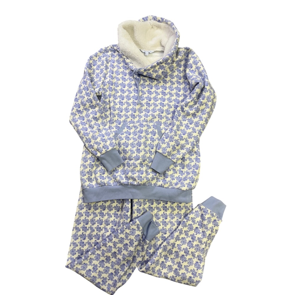 Pajamagam Womens Size M Blue‎ White Floral Sherpa Lined Hoodie Loungewear Set